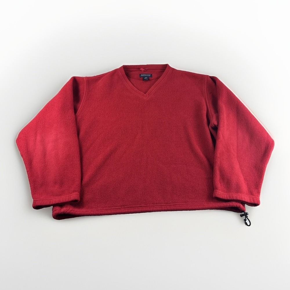 Vintage Lands End Fleece Sweater Mens L Red Made in USA Sweatshirt V-Neck 90s